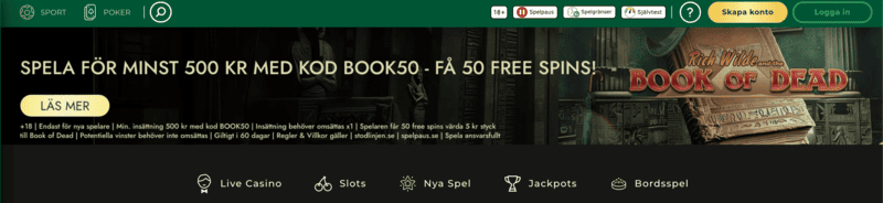 Om sajten saknar knappen “Spelpaus” i toppen – det är ett casino utan svensk licens